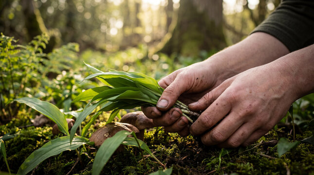 Hands harvesting fresh wild garlic in a sunlit forest. Person foraging for organic ramsons in spring woodland. Sustainable food concept
