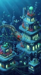Submerged futuristic settlement features bioengineered aquatic creature and complex wiring systems