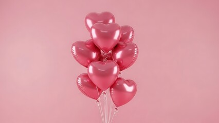Pink heart shaped balloons on pink background shiny reflective bunch