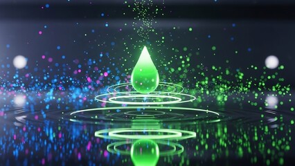 Vibrant Green Liquid Drop with Glowing Rings and Particles.