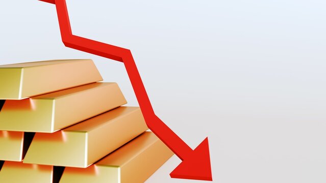 A 3d rendering of stack of gold bars with a red arrow pointing downwards, suggesting a decrease in the price or value of gold.