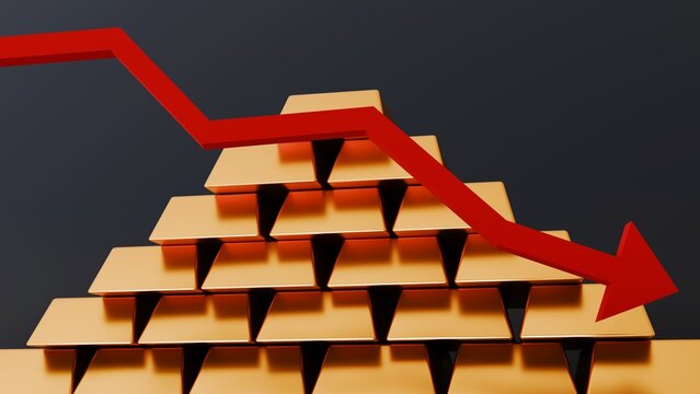 A 3d rendering of stack of gold bars with a red arrow pointing downwards, suggesting a decrease in the price or value of gold.