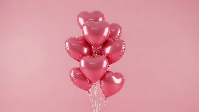 Pink heart shaped balloons on pink background shiny reflective bunch