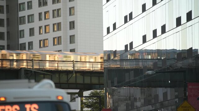 Subway Train Glides over Monorail in Manhattan New York - Cinematic