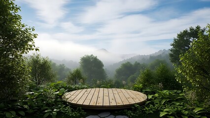 Serene wooden platform surrounded by lush greenery with foggy mountain range in background