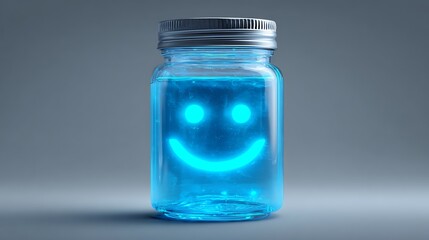 Glowing blue smiley face in a jar with silver lid