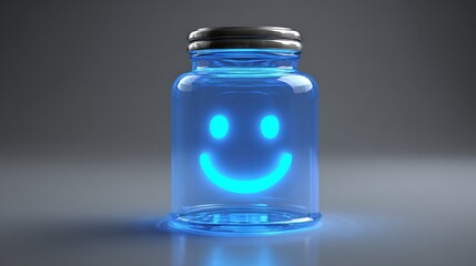 Glowing blue smiley face in a glass jar with metal lid