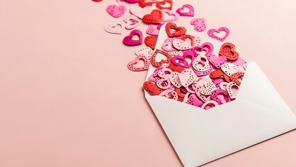 White envelope spilling pink, red, and white wooden hearts on pink background for Valentine's Day