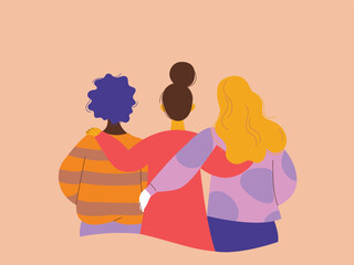 Three women with diverse hair and outfits stand together from behind, embracing with arms around each other. A warm, minimalist illustration symbolizing diversity and unity