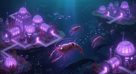 Fototapeta premium Futuristic glowing dome habitats rest on the seabed near swimming crustaceans