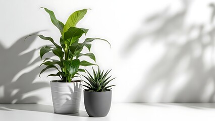 Two potted plants on white surface with shadows green leaves