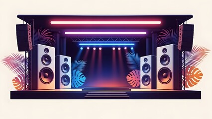 Vibrant nightclub stage with neon lights and large sound speakers