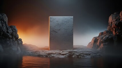 Large stone monument on rocky shoreline at dramatic sunset