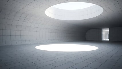 Empty room with gray tiled walls and floor and two circular skylights interior design tiles