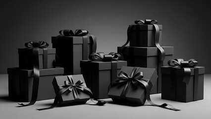 Black gift boxes with ribbons and bows presents, wrapped in elegant black paper