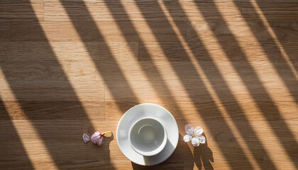 日差しが差し込む木目テーブルの上の白い器と桜