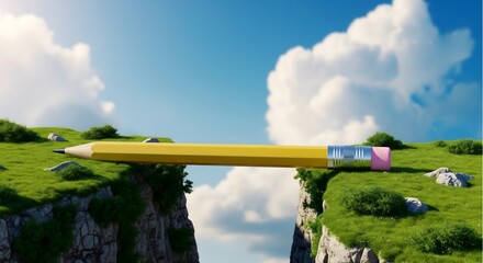 Surreal yellow pencil bridge connecting two green cliffs under blue sky. Education, creativity and problem solving concept background.