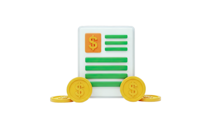 3D Cartoon Finance Document with Dollar Sign and Coins