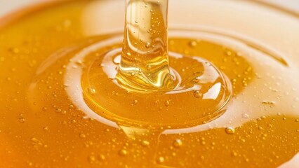 Close-up shot of golden honey pouring, creating a delicious and sweet texture.