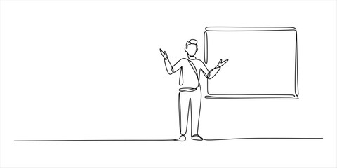 A continuous line art drawing of a man presenting next to a blank whiteboard Vector, illustration