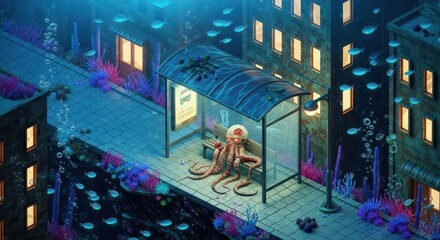Obraz premium Intelligent cephalopod waits patiently at a submerged urban transit shelter