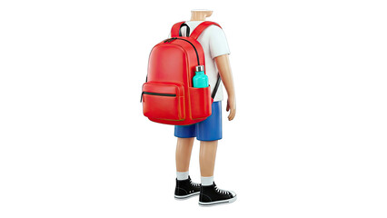 3D render of a student with a red backpack and blue shorts