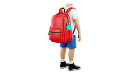 3D render of a student with a red backpack and blue shorts