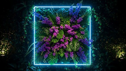 Neon lit square frame with vibrant purple and pink flowers, green leaves at night
