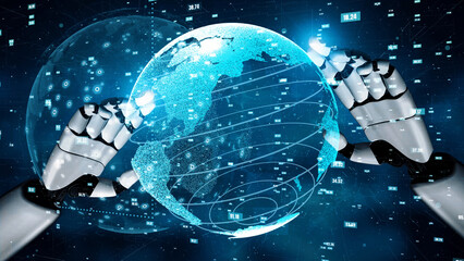 A stunning illustration of robotic hands engaging with a digital globe, highlighting the union of technology and earth. The backdrop emphasizes data connections and innovation. Xenic
