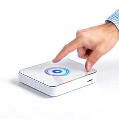 User interacting with smart device modern home office technology image bright environment close-up view innovation concept