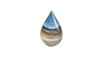 Obraz premium Water drop encompassing nature landscape with mountains and lake, representing environment conservation on transparent background