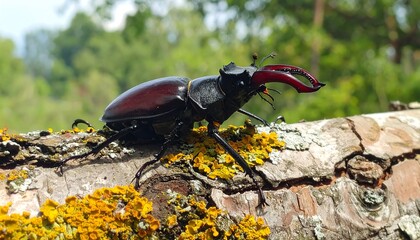 A close-up view of a stag beetle perched on a lichen-covered branch. The beetle's mandibles are open, body shiny, with blurred background