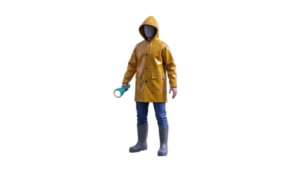 Figure in Yellow Raincoat and Boots Holding a Flashlight