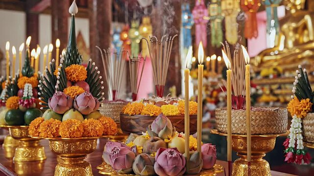 Boun Visakha Bucha background with ritual offerings arranged neatly for Buddhist ceremony
