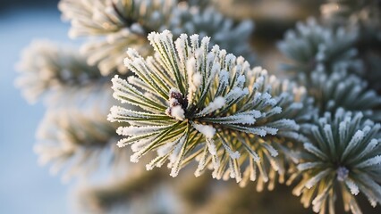 Frosty pine tree branches with green needles and white frost, winter landscape