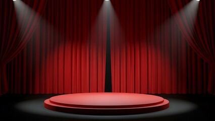 Red stage with spotlight and curtains theater performance empty