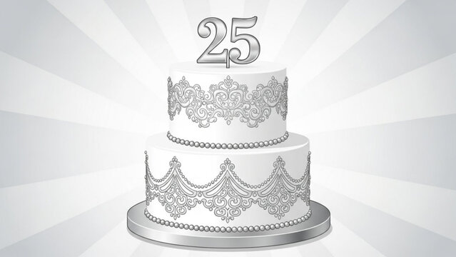 Silver 25th anniversary cake with intricate lace design on white background with silver cake and wedding cake and anniversary with white cake