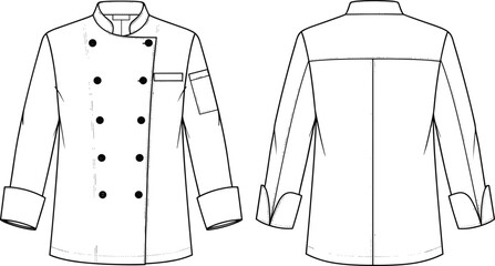Chef coat jacket technical sketch, front and back view, long sleeve double breasted uniform, professional kitchen apparel CAD flat vector illustration.
