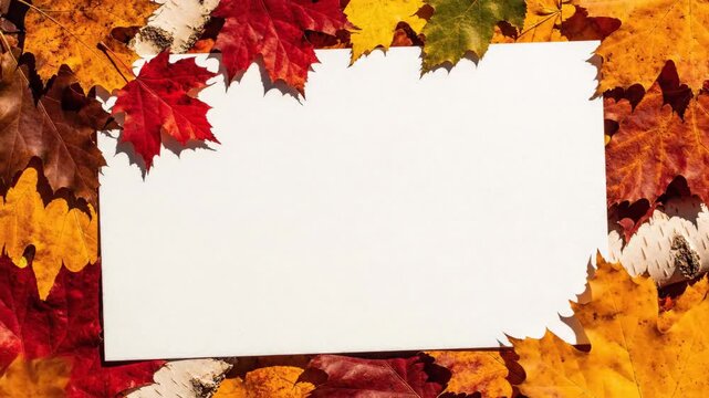 Autumn Leaves Frame with Blank Paper - A collection of vibrant autumn leaves in shades of red, yellow, and orange frames a blank white paper.
