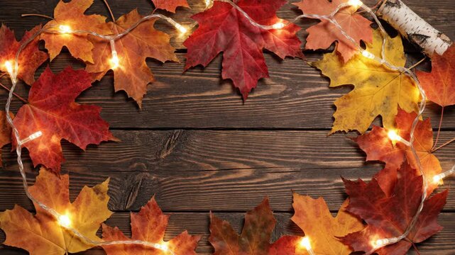 Autumn Leaves and Twinkle Lights on Wooden Background - A cozy arrangement of autumn leaves in vibrant shades of red, orange, and yellow surrounds a frame of warm glowing string lights on a rustic