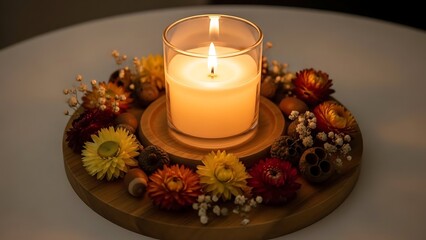 Lit candle surrounded by autumn flowers and nuts on wooden plate