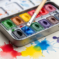 Close up of watercolor paint set with a brush and colorful pigment stains