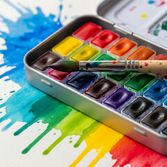 Close up of watercolor paint set with a brush and colorful pigment stains