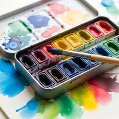 Close up of watercolor paint set with a brush and colorful pigment stains