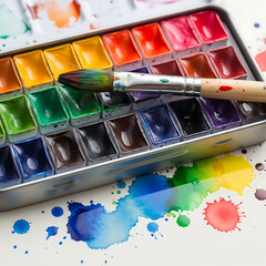Close up of watercolor paint set with a brush and colorful pigment stains