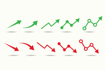 Up and down trend chart icon set representing data analysis and performance changes. Suitable for business reports, finance dashboards, and analytics visuals.