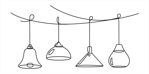 Minimalist one-line drawing of four different types of pendant lamps hanging from a wire Vector, illustration © Digital Illustration
