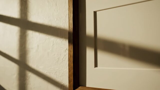 Framed Artwork with Window Shadows - This video shows a close-up of a blank picture frame with a warm wooden border.