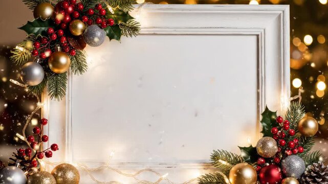 Christmas Frame with Decorations - A white wooden frame is decorated with Christmas ornaments, including gold and silver balls, red berries, pine branches, and string lights.