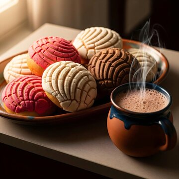 An assortment of fresh Mexican Conchas (sweet bread) with colorful shell-like sugar crusts (pink, white, chocolate) arranged on a handcrafted ceramic platter. A side of frothy Mexican hot chocolate 